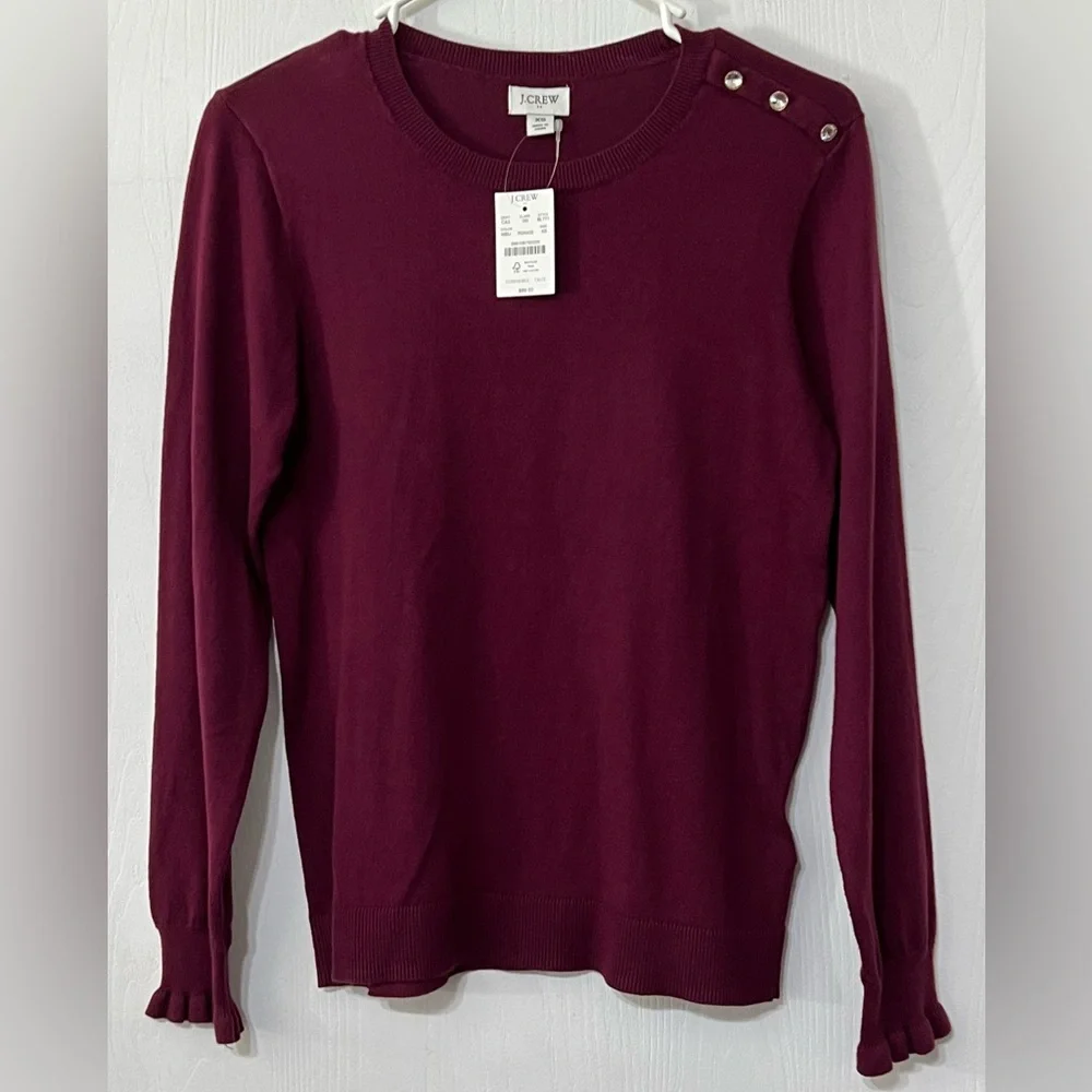 J. Crew Rhinestone Ruffle Sweater Burgundy
